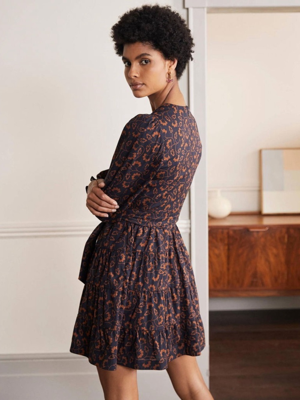 Boden Navy Brown Long Puff Sleeves Tiered Dress Smocked Floral Leaves Cotton 12R - Picture 3 of 12